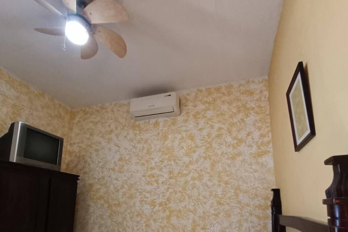 A bedroom with a bed, a ceiling fan, an air conditioner, a TV on a cabinet, and a framed picture on the wall.