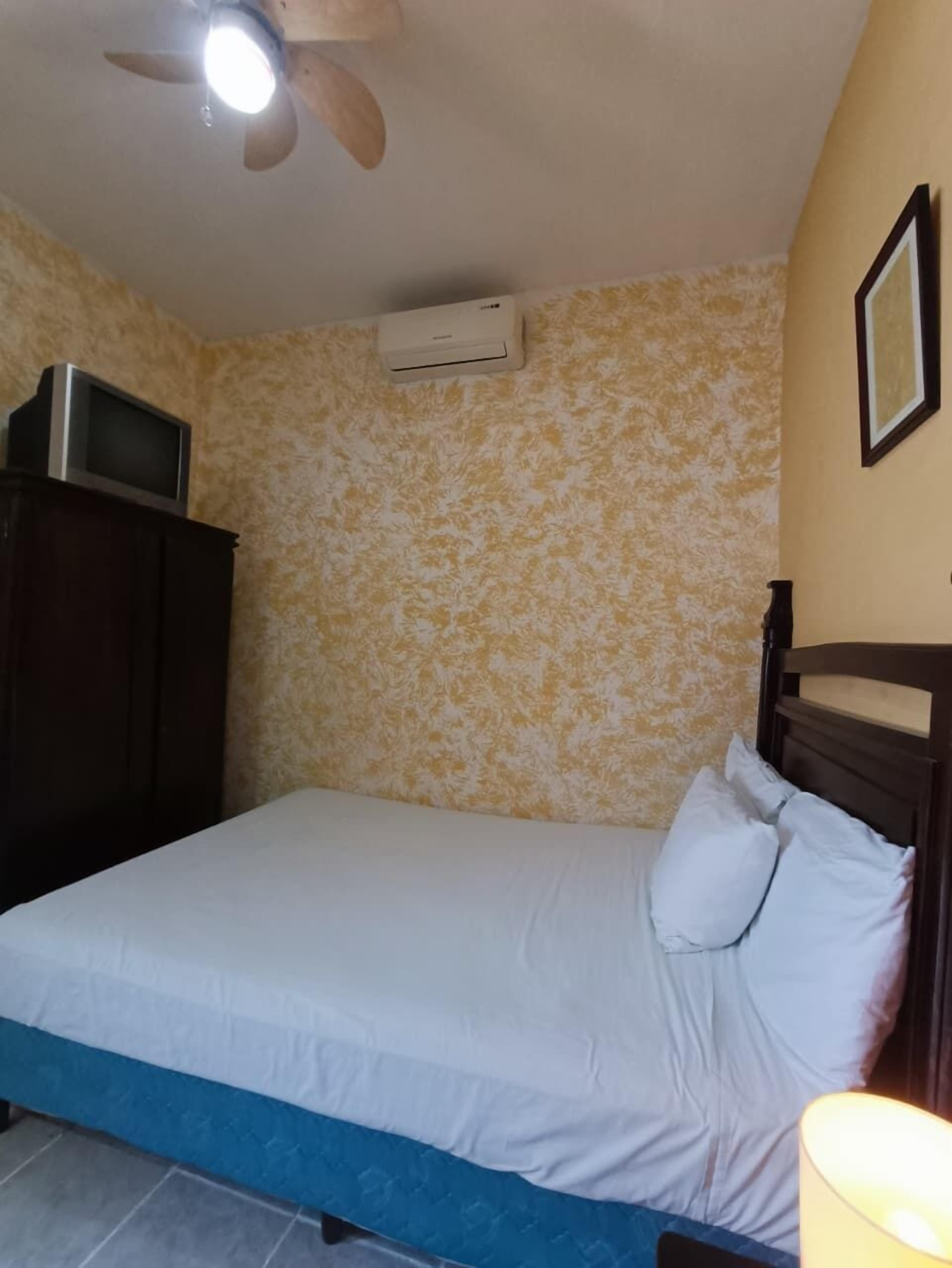 Un dormitorio con una cama, ventilador de techo, aire acondicionado, un televisor sobre un mueble y un cuadro en la pared.