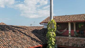A courtyard with a palm tree, a swimming pool, and a tiled roof.