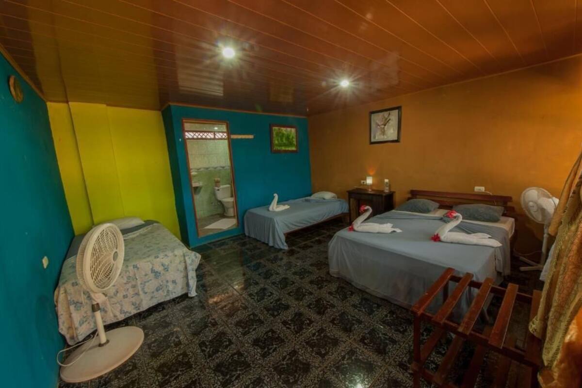 A room with two beds, a fan, a mirror, and a toilet.