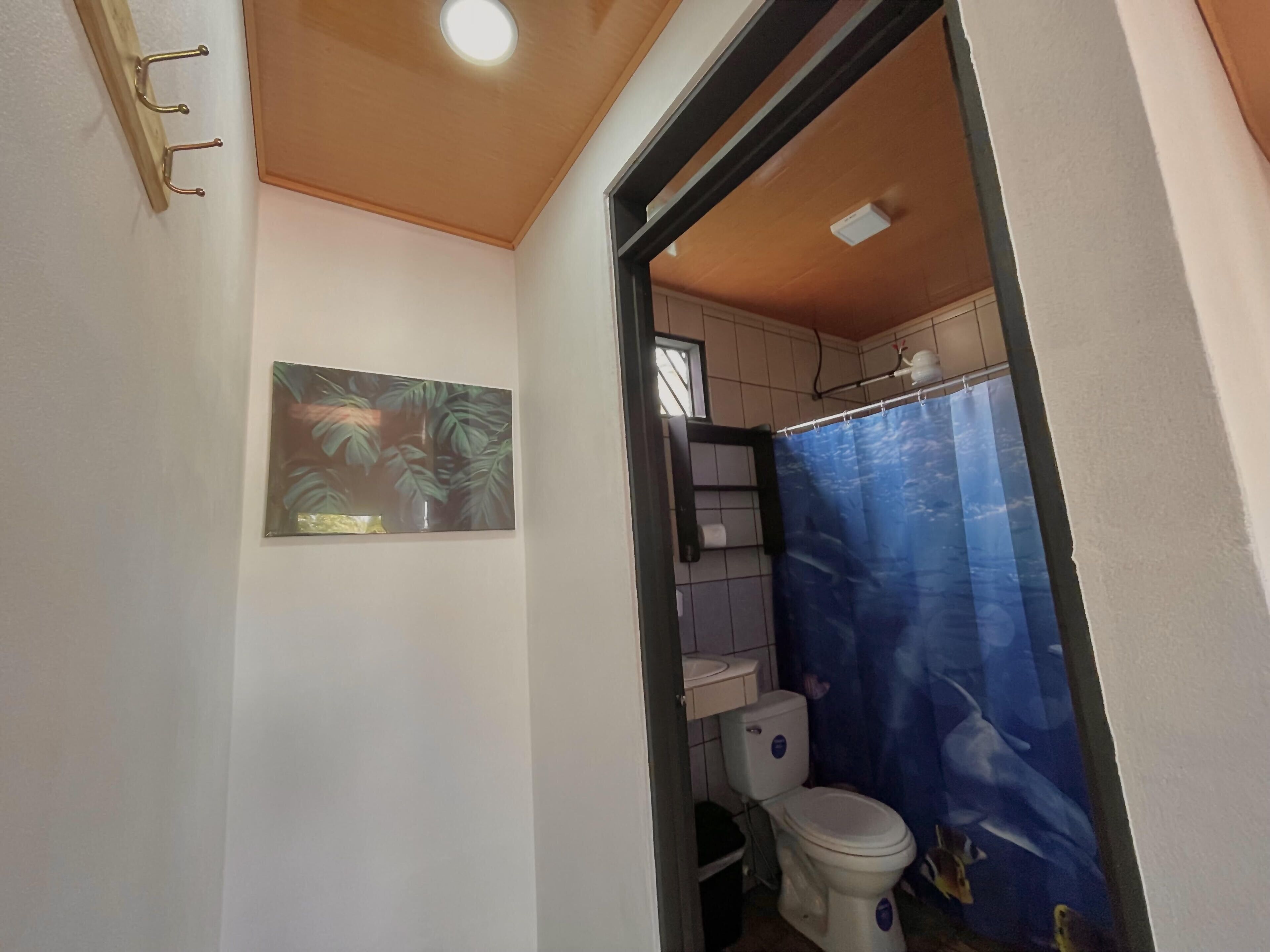 habitacion doble con a/c | bathroom | shower, hair dryer, towels, soap