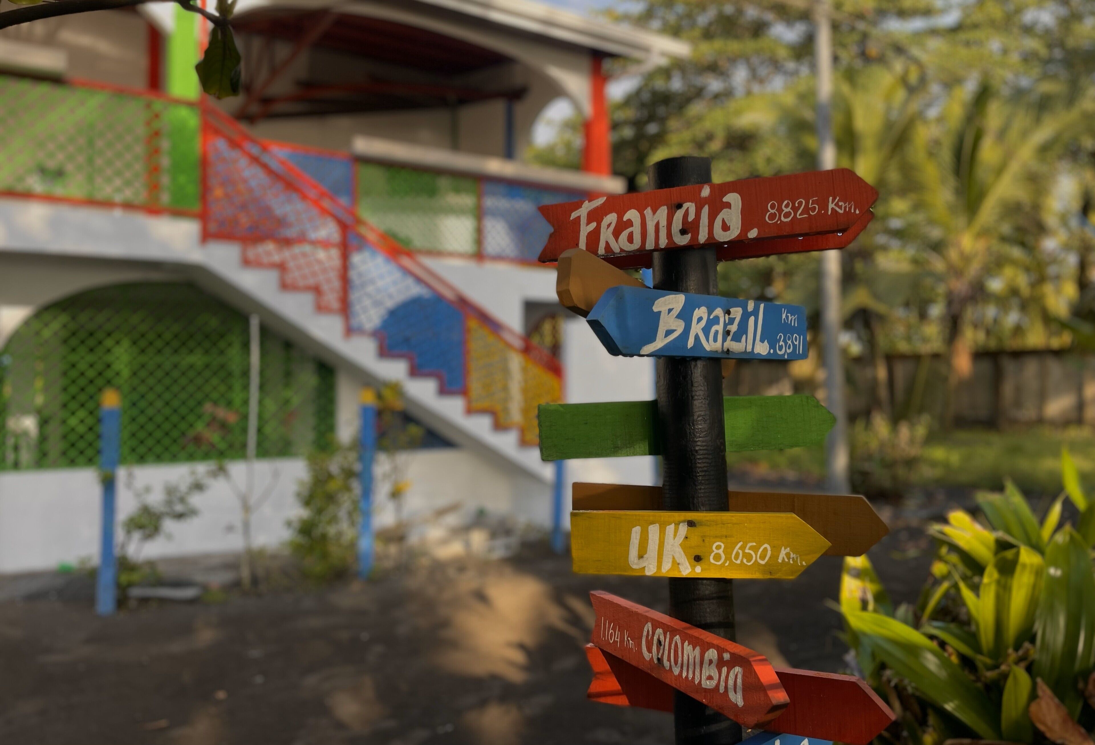 A signpost with directional arrows pointing to various countries and distances in kilometers.