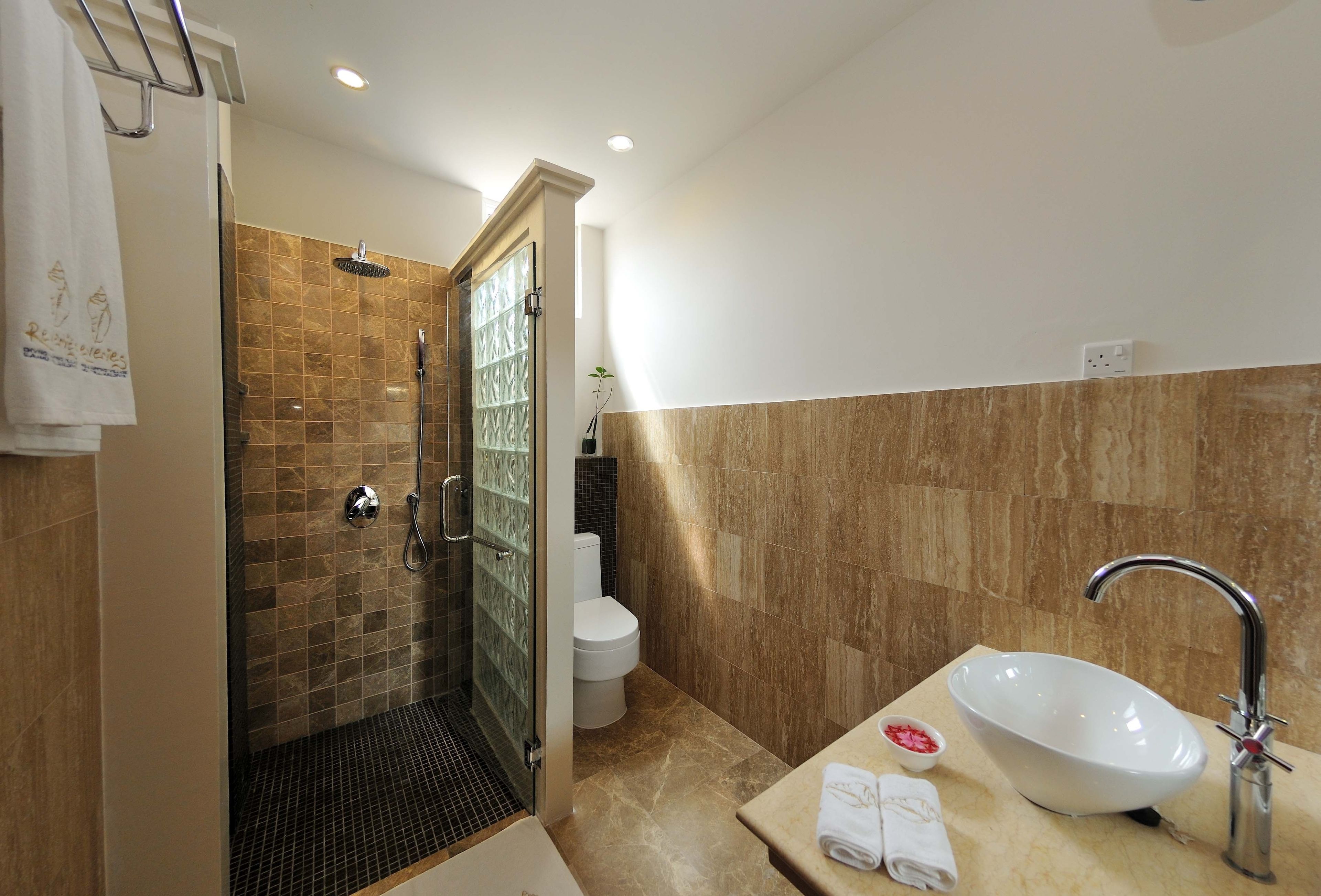 deluxe family room | bathroom | shower, rainfall showerhead, free toiletries, hair dryer