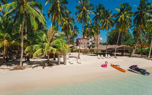 A beach with palm trees, a building in the background, and a couple of kayaks on the sand.