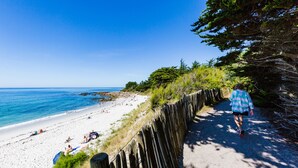 A beach with a wooden fence, a clear blue sky, and a person walking on a path. - Hôtel Aux Tamaris - Vue Mer (Roscoff)
