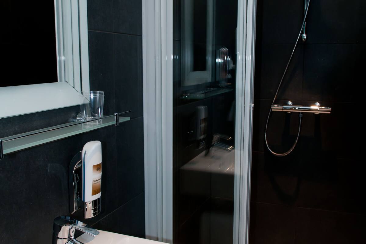 standard double room | bathroom | shower, free toiletries, hair dryer, towels