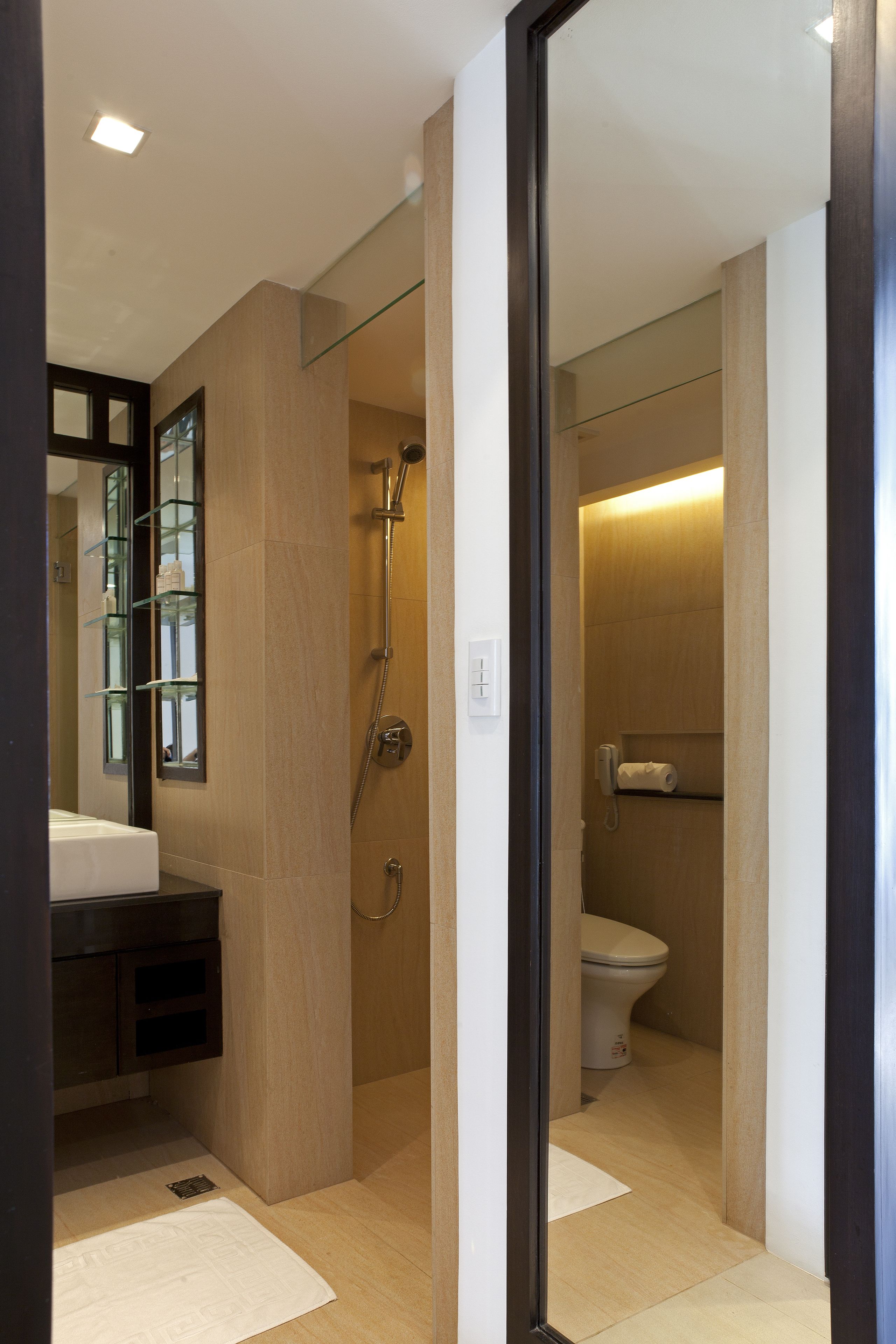 shower, hair dryer, slippers, bidet