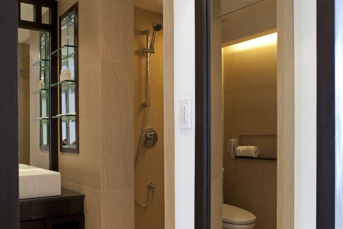 shower, hair dryer, slippers, bidet