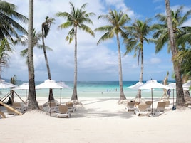 A beach with white lounge chairs and umbrellas, palm trees, and the ocean in the background.