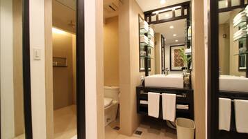 Shower, hair dryer, slippers, bidet