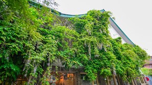 A building with a stone facade, large windows, and lush greenery. - Hotel Mirage (Srinagar)