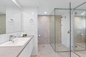 Secadora de cabello, toallas, papel de baño 