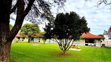 A well-maintained lawn with a large tree and a building with a red roof in the background.