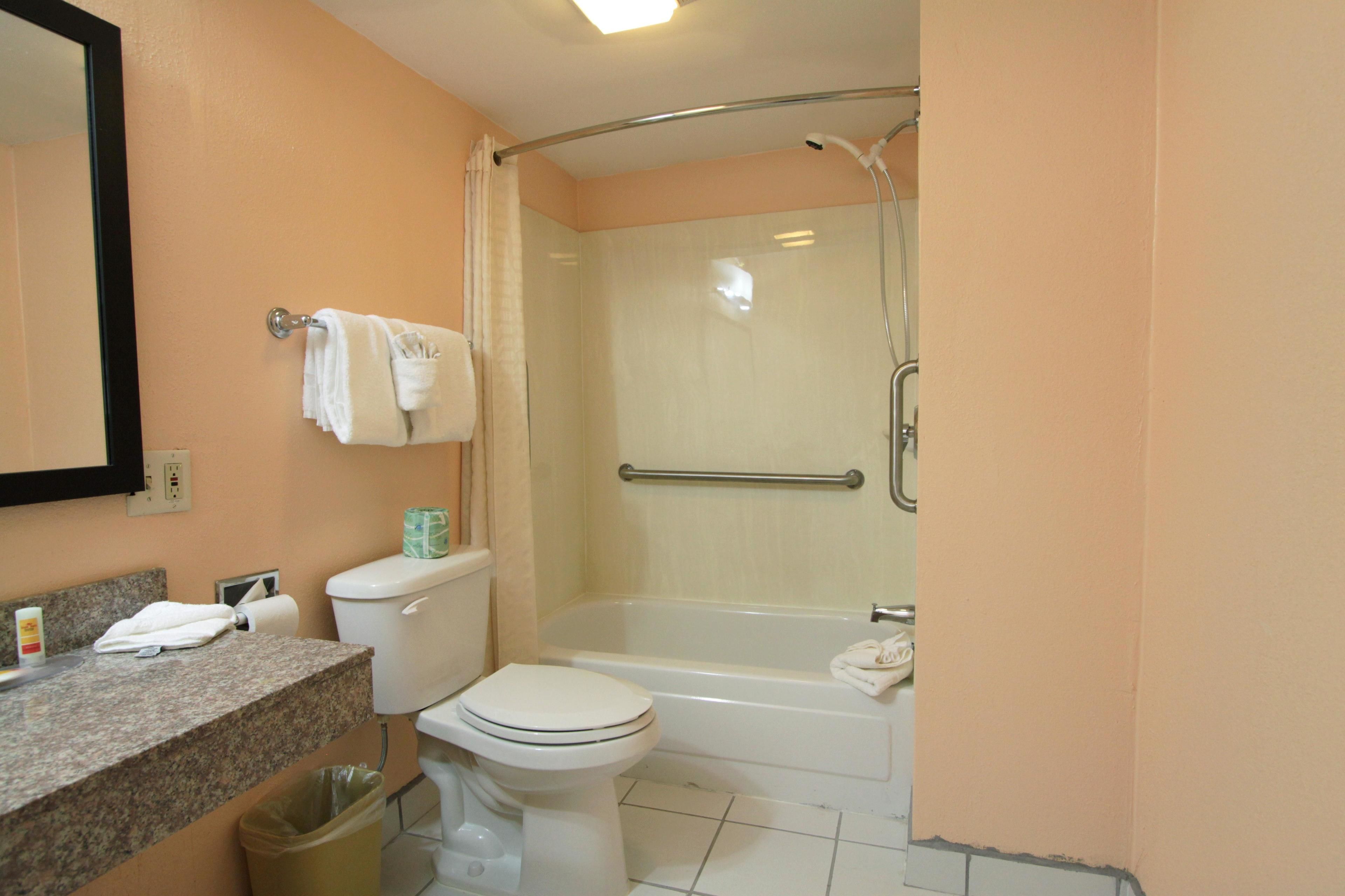 Ein Badezimmer mit Toilette, Waschbecken und Dusche.