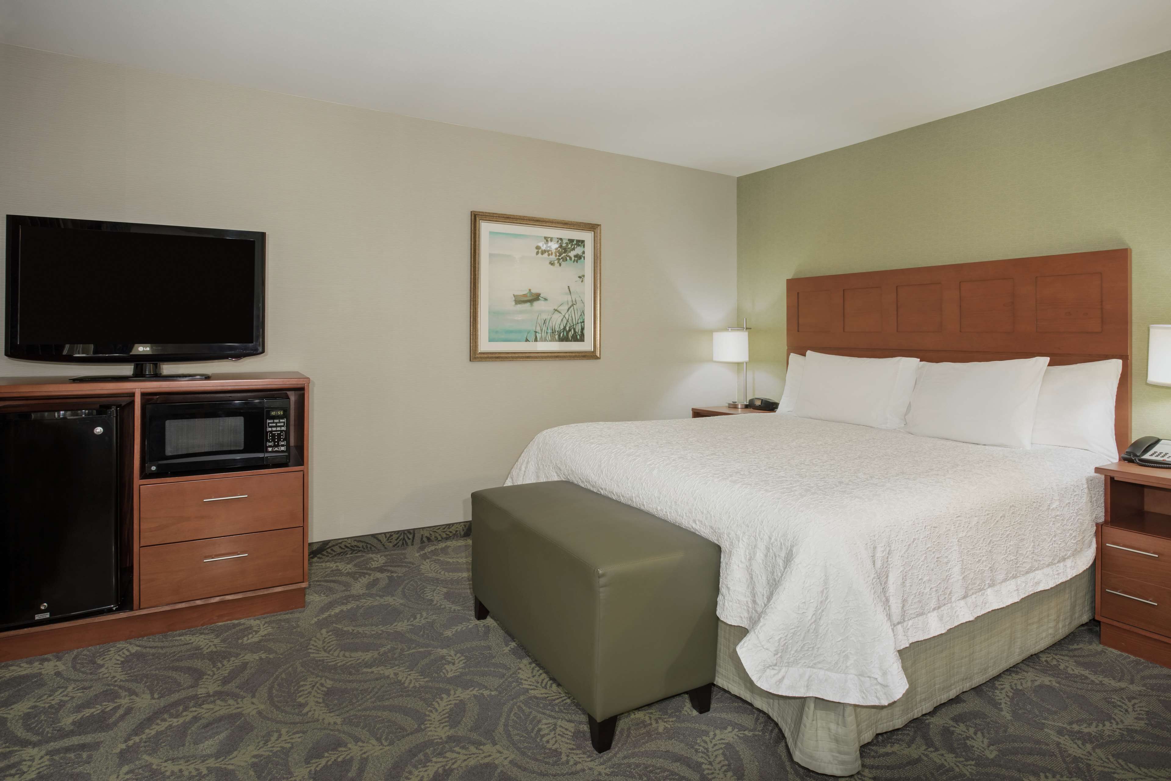 A hotel room with a bed, a television, a microwave, a small refrigerator, a nightstand, a lamp, and a framed picture on the wall.