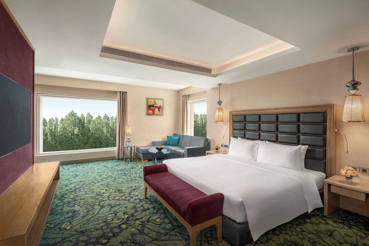 A hotel room with a large bed, a bench, a desk, a chair, and a view of trees through the window.