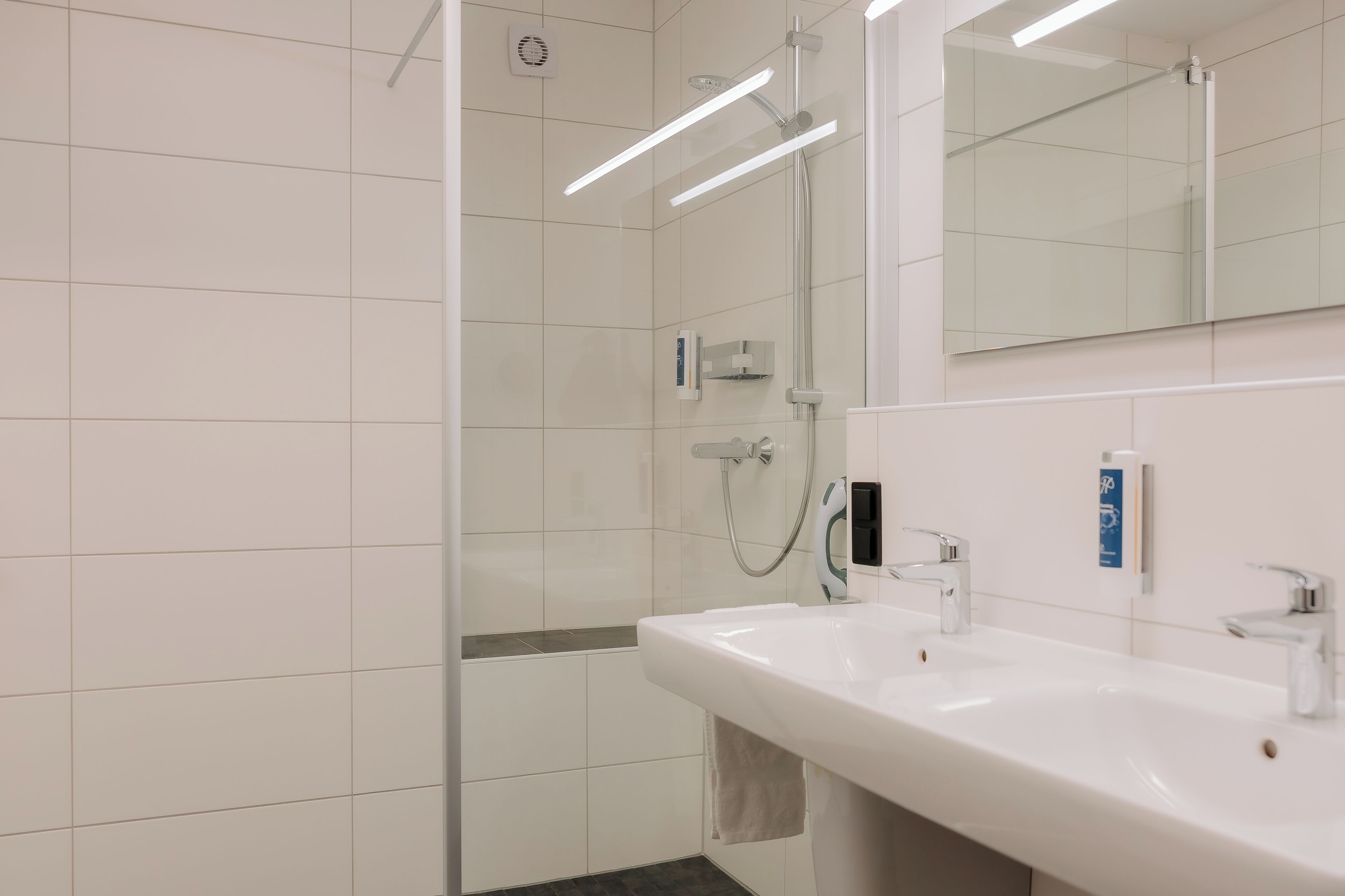 A modern bathroom with a shower, a sink, and a mirror.