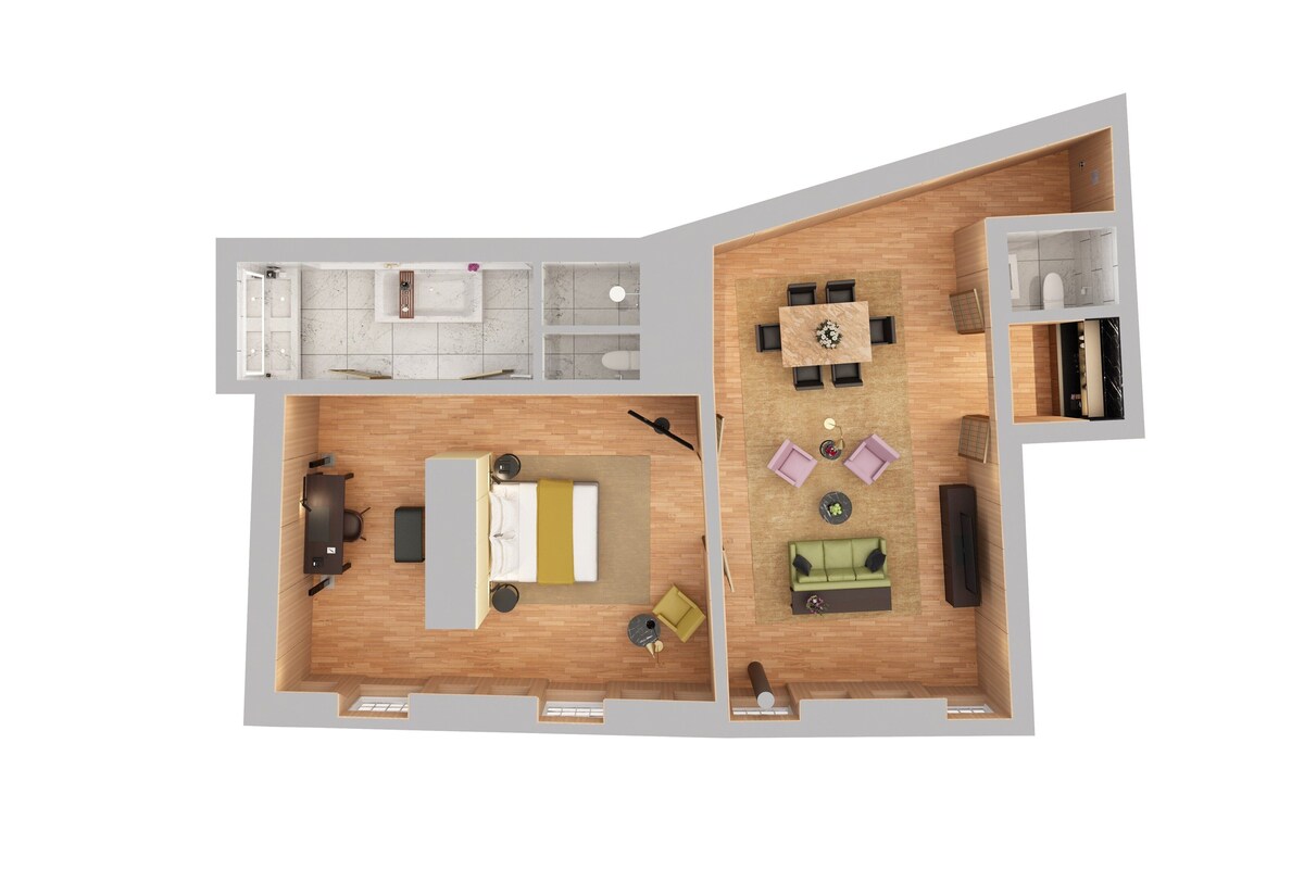 A 2-bedroom apartment layout with a living room, dining area, kitchen, and two bedrooms.