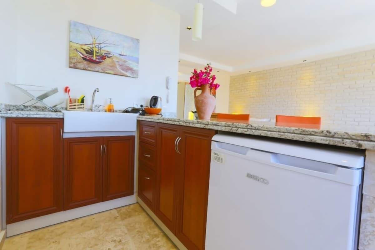 fridge, stovetop, coffee/tea maker, electric kettle