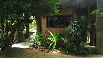 A stone building with a window, surrounded by lush greenery and a grassy area.