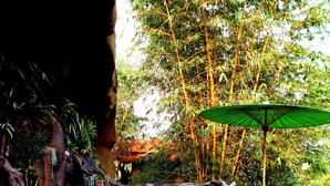 A wooden deck with a rustic design, surrounded by bamboo trees and a small waterfall.