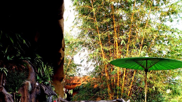 A wooden deck with a rustic design, surrounded by bamboo trees and a small waterfall. - Bura Resort, Chiang Rai (Chiang Rai)