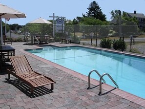 Outdoor pool, pool umbrellas, pool loungers