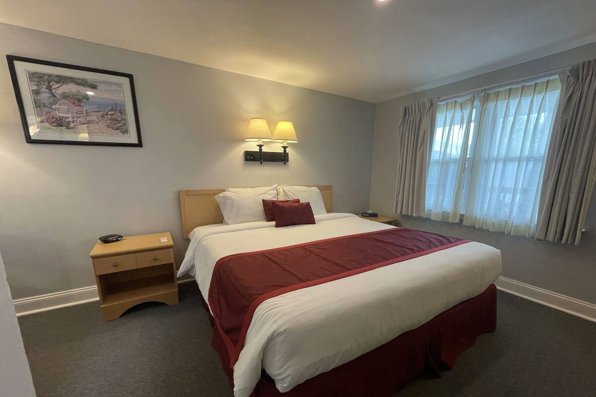 A neatly arranged hotel room with a large bed, a bedside table, a lamp, and a window with curtains.