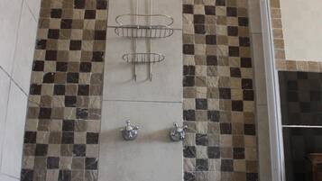 Shower, free toiletries, hair dryer, towels