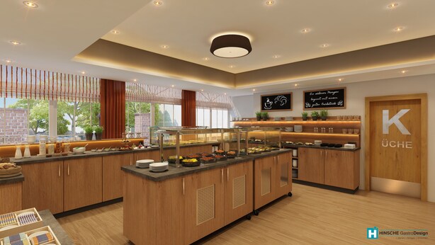 A modern breakfast bar with a variety of food options, wooden cabinetry, and a view of the outdoors.