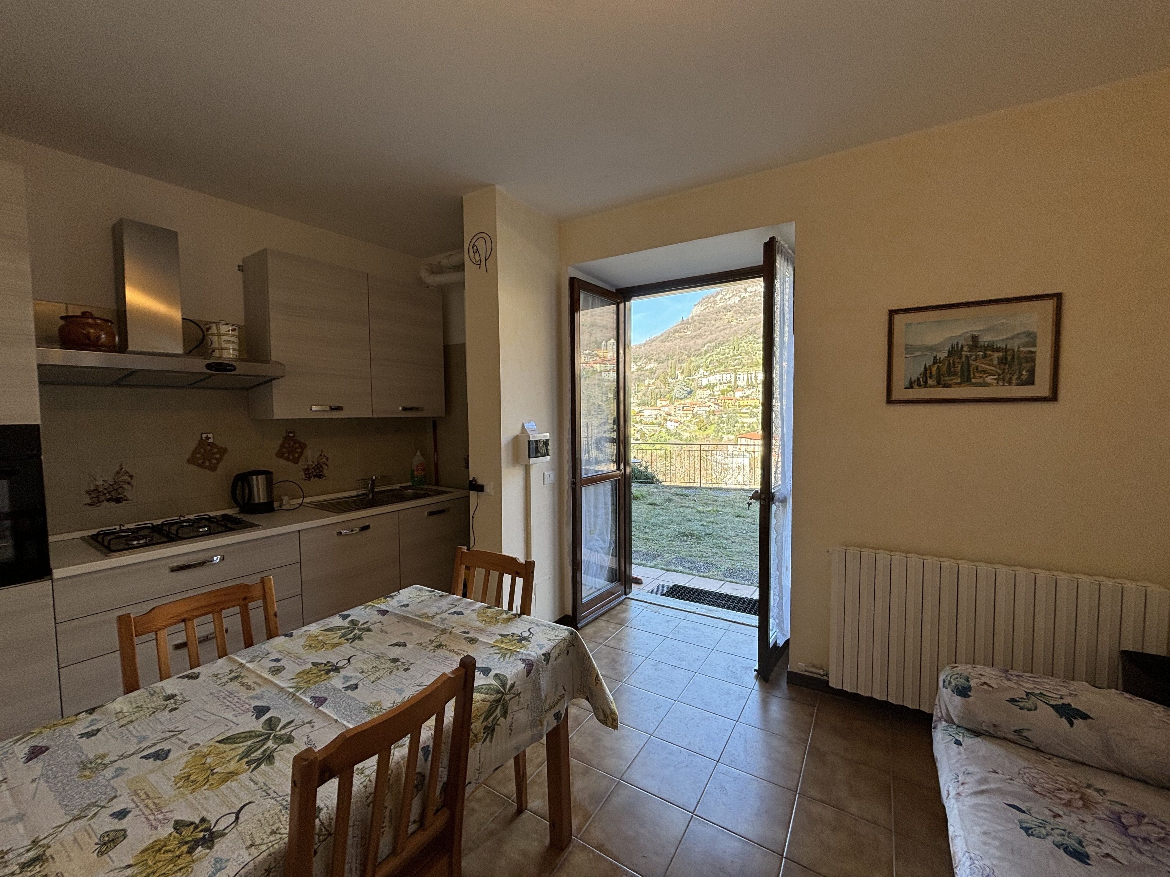 A kitchen with a dining table and chairs, a view of a hillside through an open door, and a radiator on the wall.