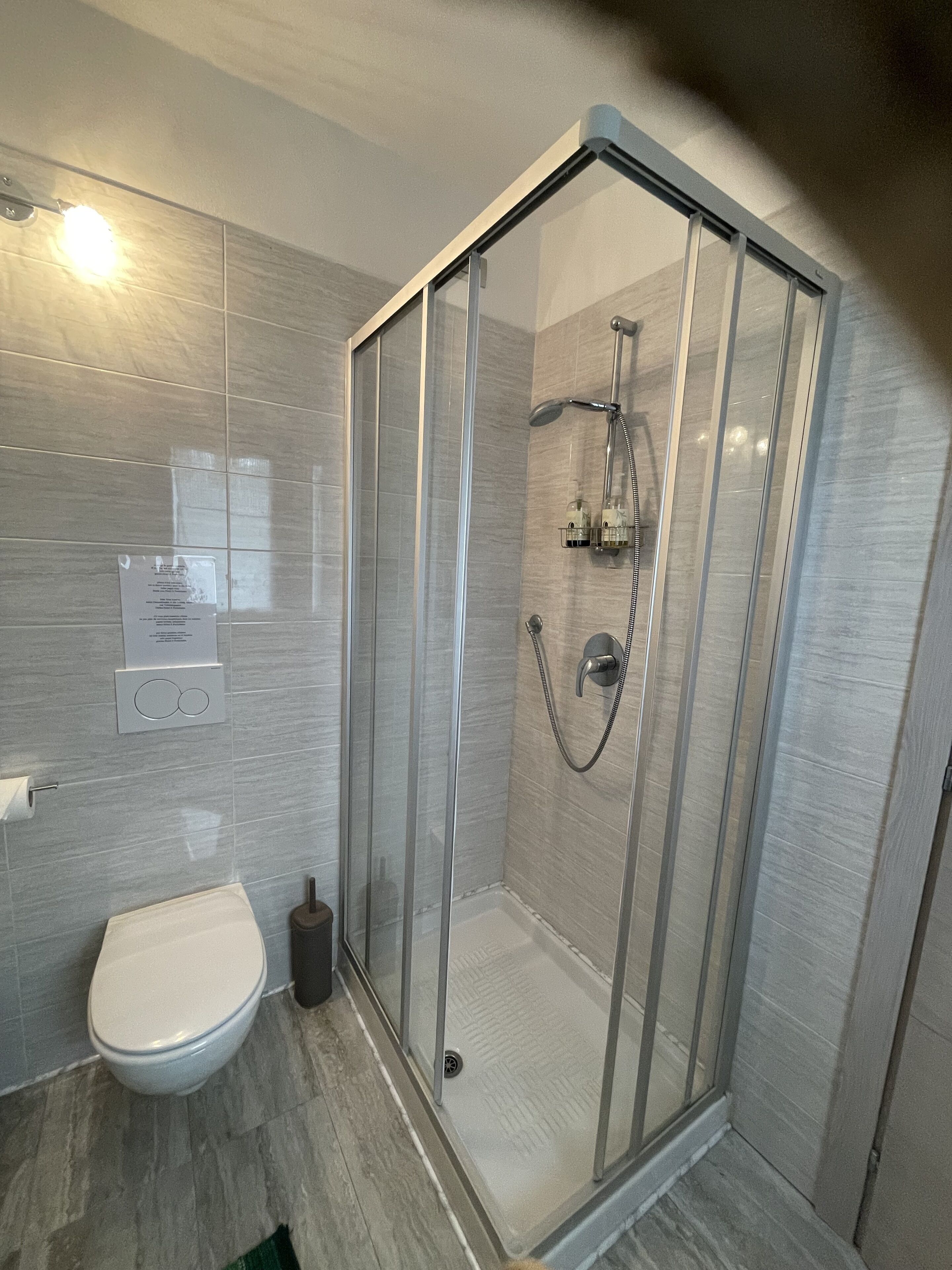 A modern bathroom with a glass-enclosed shower, a toilet, and a towel rack.