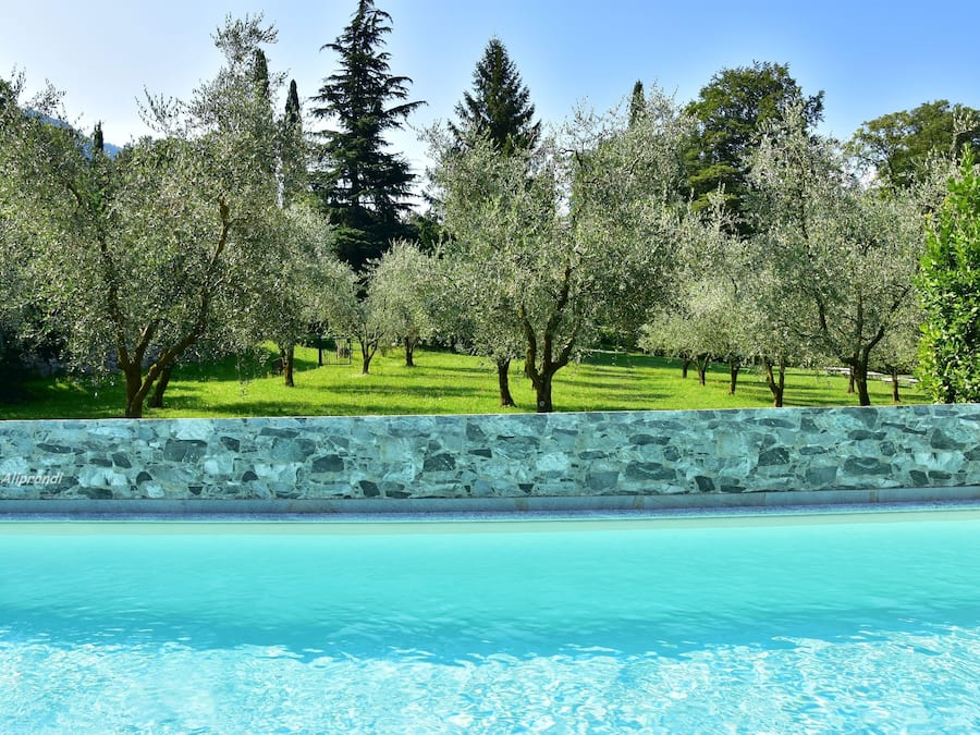 Ein Schwimmbecken mit einer Steinmauer und Bäumen im Hintergrund.