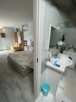 Ein modernes Schlafzimmer mit Bett, Kleiderschrank, Nachttisch und einem Badezimmer mit Waschbecken und Spiegel.