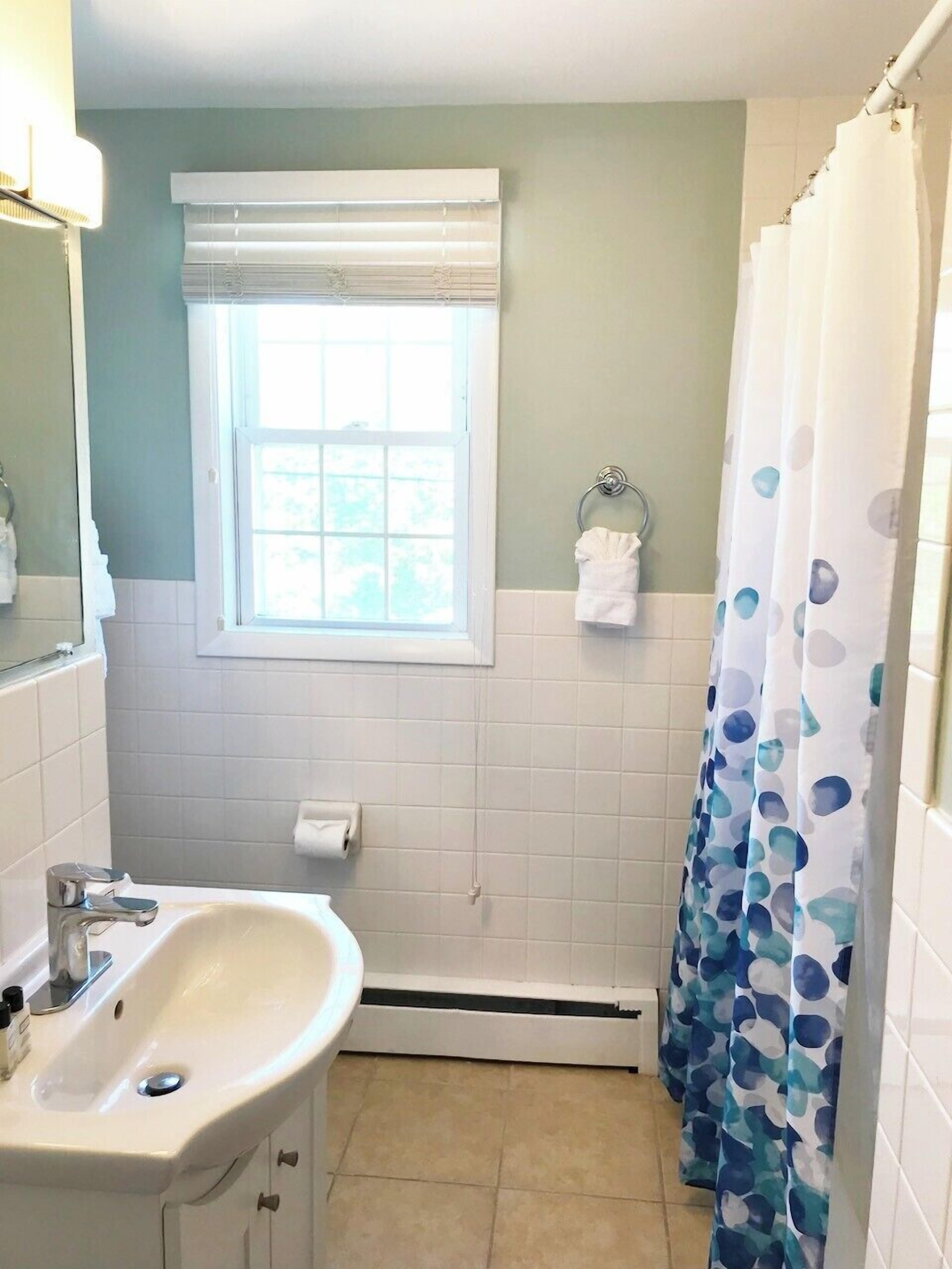 Baño con lavabo, ventana y cortina de ducha.