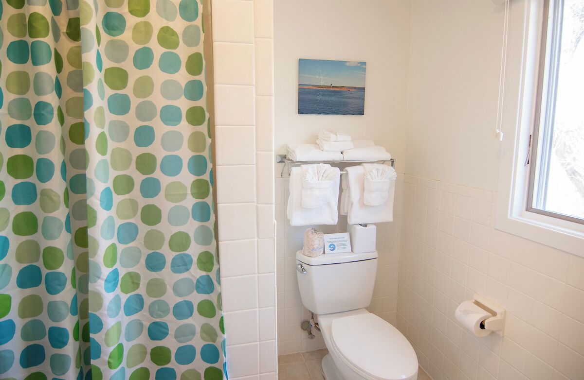 Un baño con inodoro, una cortina de ducha con estampado de lunares, un perchero con toallas y un cuadro en la pared.