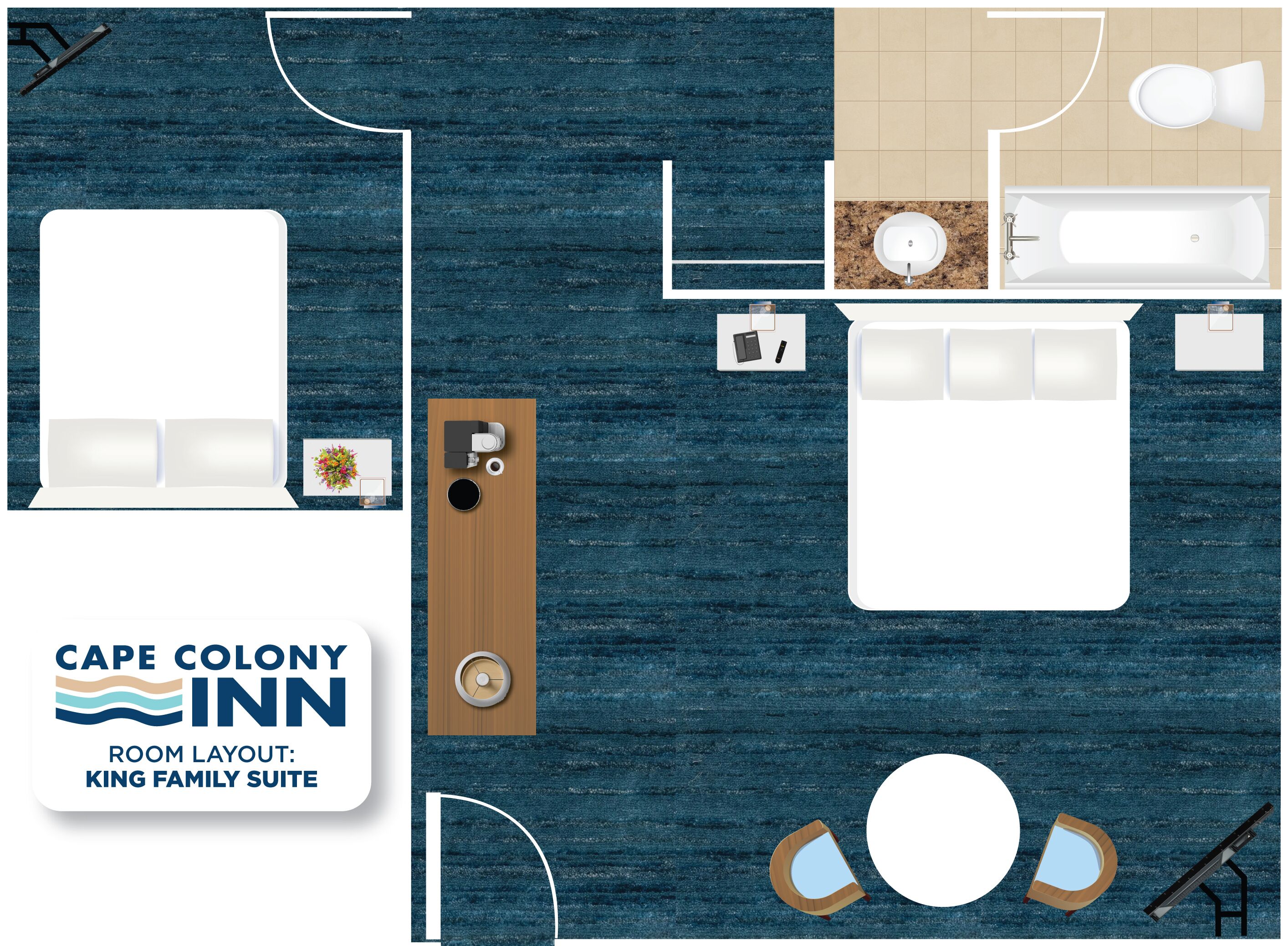 A Cape Colony Inn King Family Suite layout with a living area, kitchenette, bathroom, and a small outdoor seating area.
