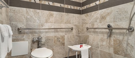 Un baño con inodoro, lavamanos y ducha.