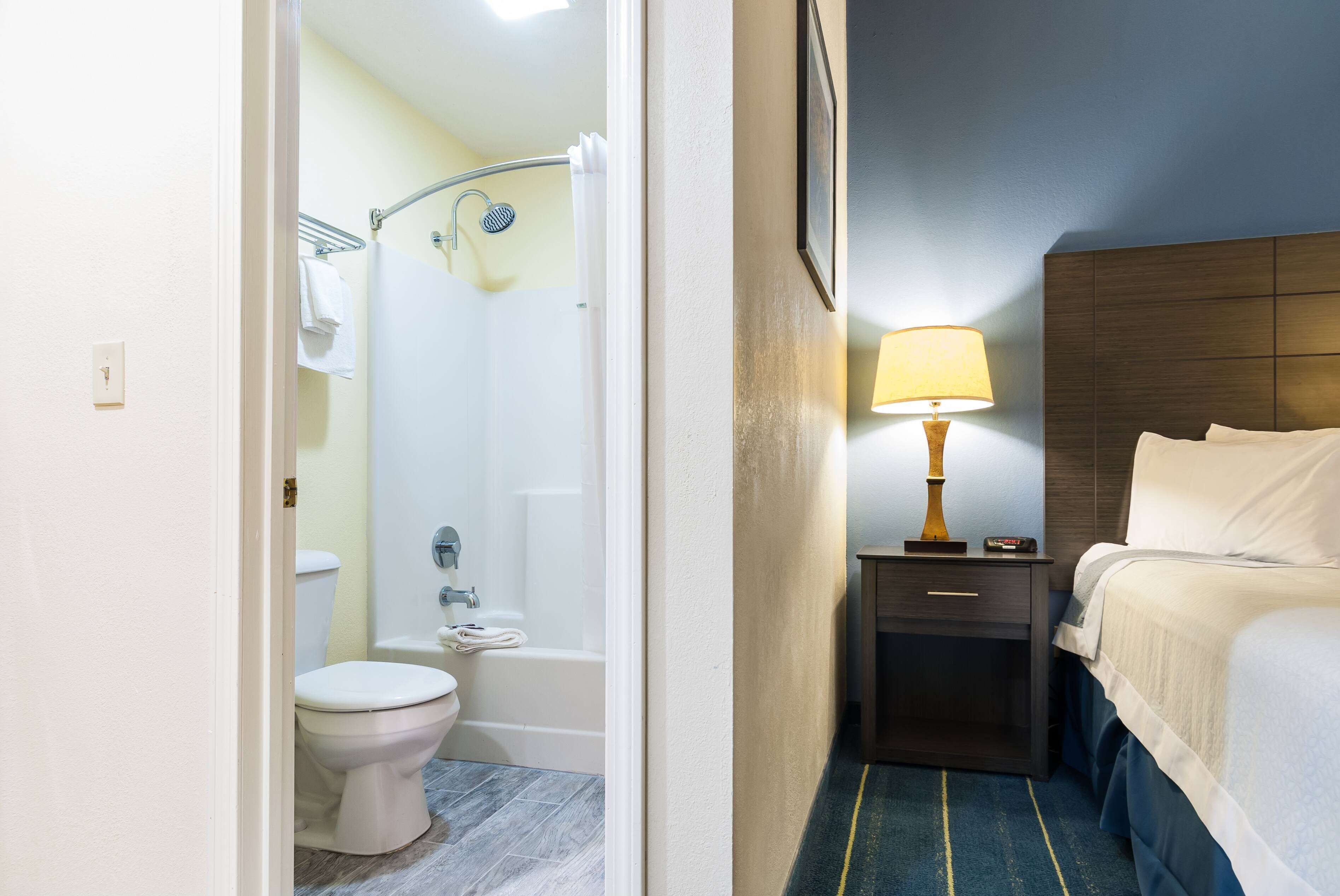 A hotel room with a toilet, shower, and a bed with a nightstand and lamp.