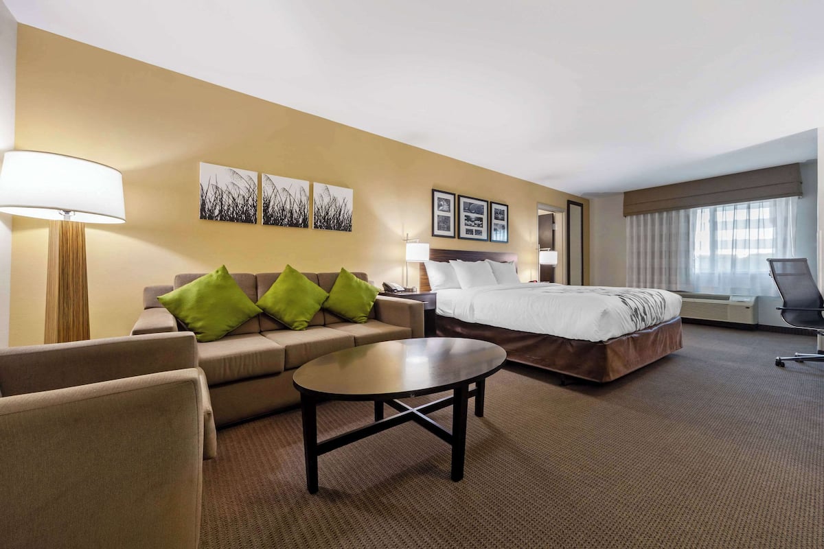 A hotel room with a bed, a sofa with green cushions, a coffee table, a desk with a lamp, and framed pictures on the wall.