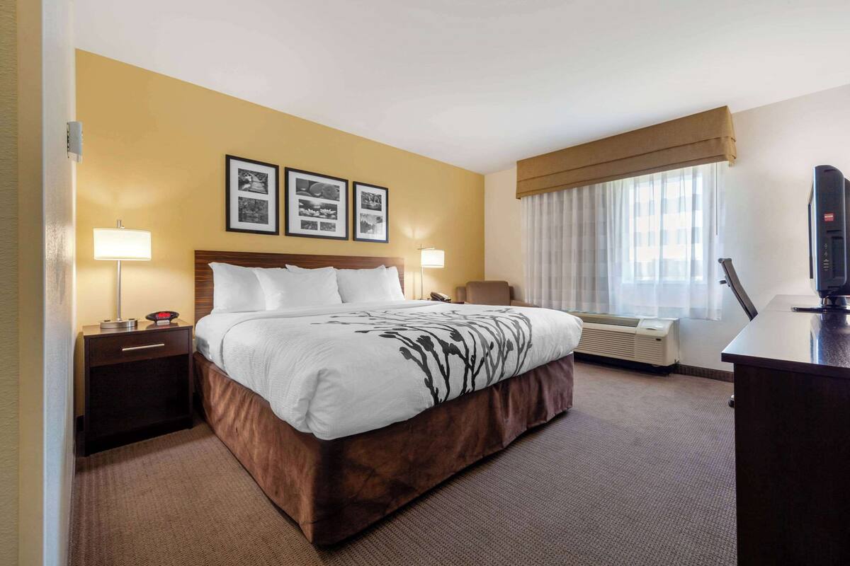 A hotel room with a large bed, two bedside tables, a desk, a chair, a window with curtains, and framed pictures on the wall.