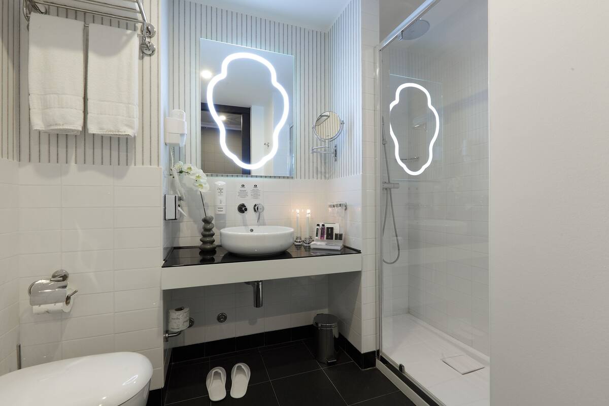 combined shower/bathtub, free toiletries, hair dryer, bathrobes