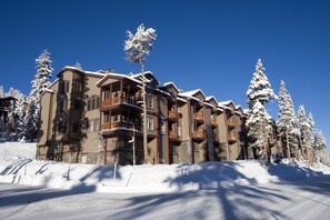 Um hotel com várias andares e varandas, rodeado por árvores cobertas de neve.
