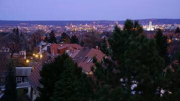 A cityscape at dusk with residential buildings and a distant illuminated skyline.