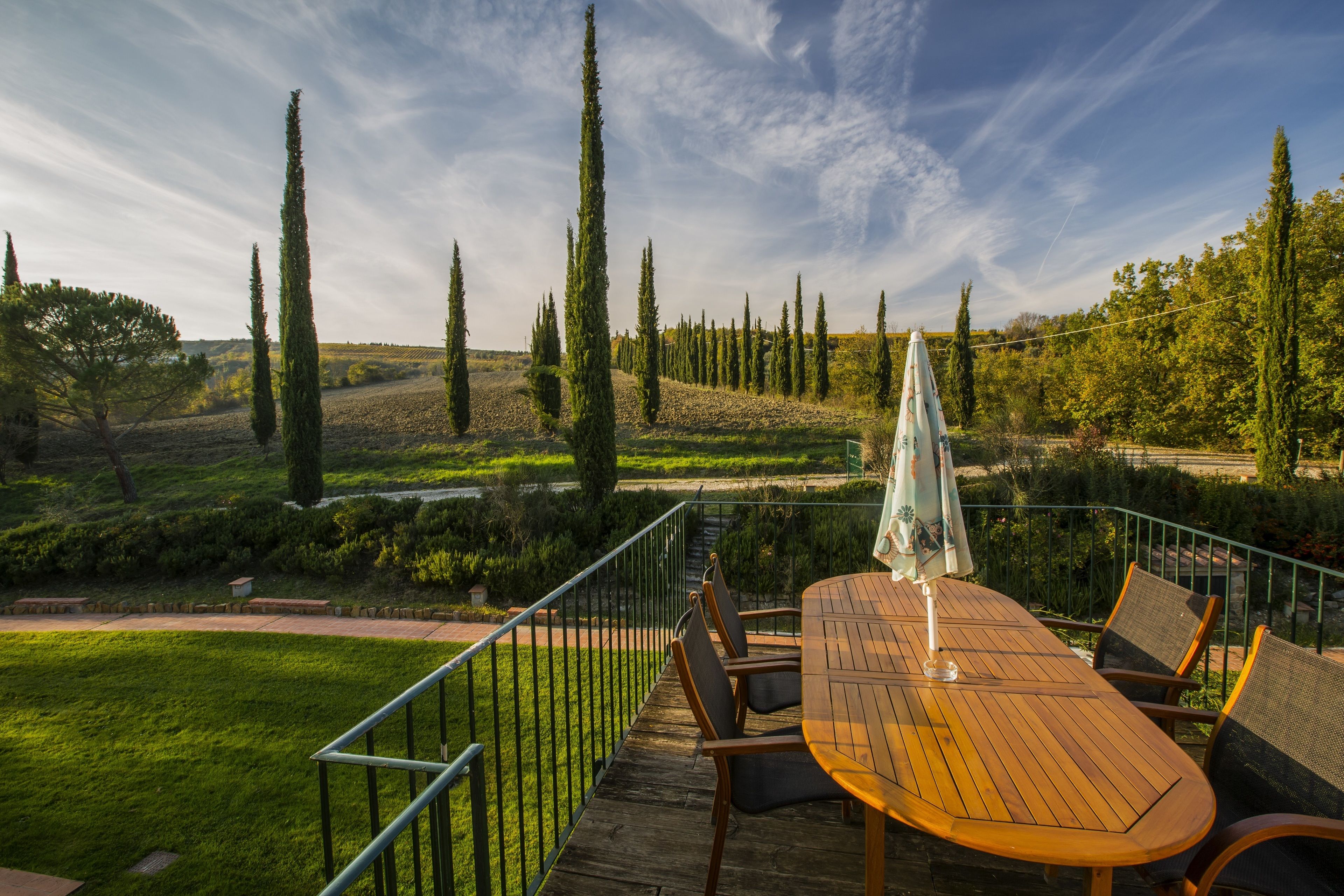 An outdoor wooden deck with a table and chairs, surrounded by a metal railing, overlooking a landscaped garden with tall trees and a clear sky.