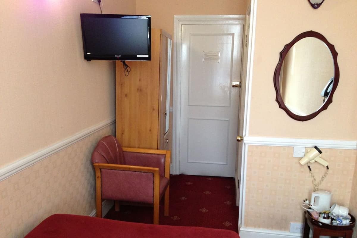 A hotel room with a bed, a television mounted on the wall, a chair, a door, a mirror, and a small table with a hairdryer and other items.