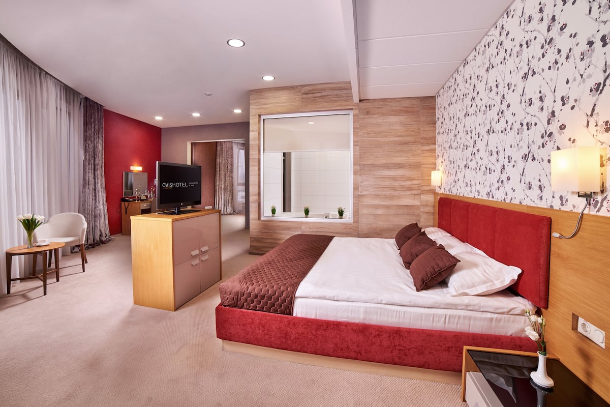 A modern hotel room with a large bed, a desk with a TV, a chair, and a mirror.