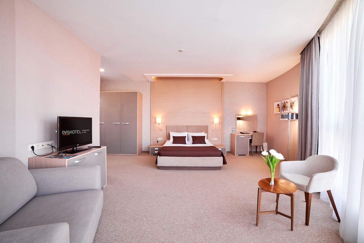 A modern hotel room with a large bed, a TV, a desk, and a chair.