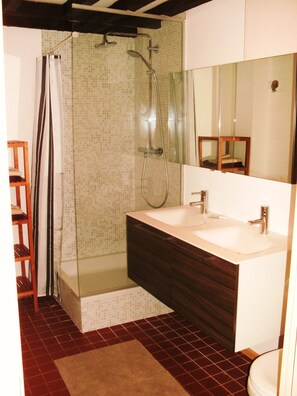 Studio suite | Badkamer | Een douche, gratis toiletartikelen, een haardroger
