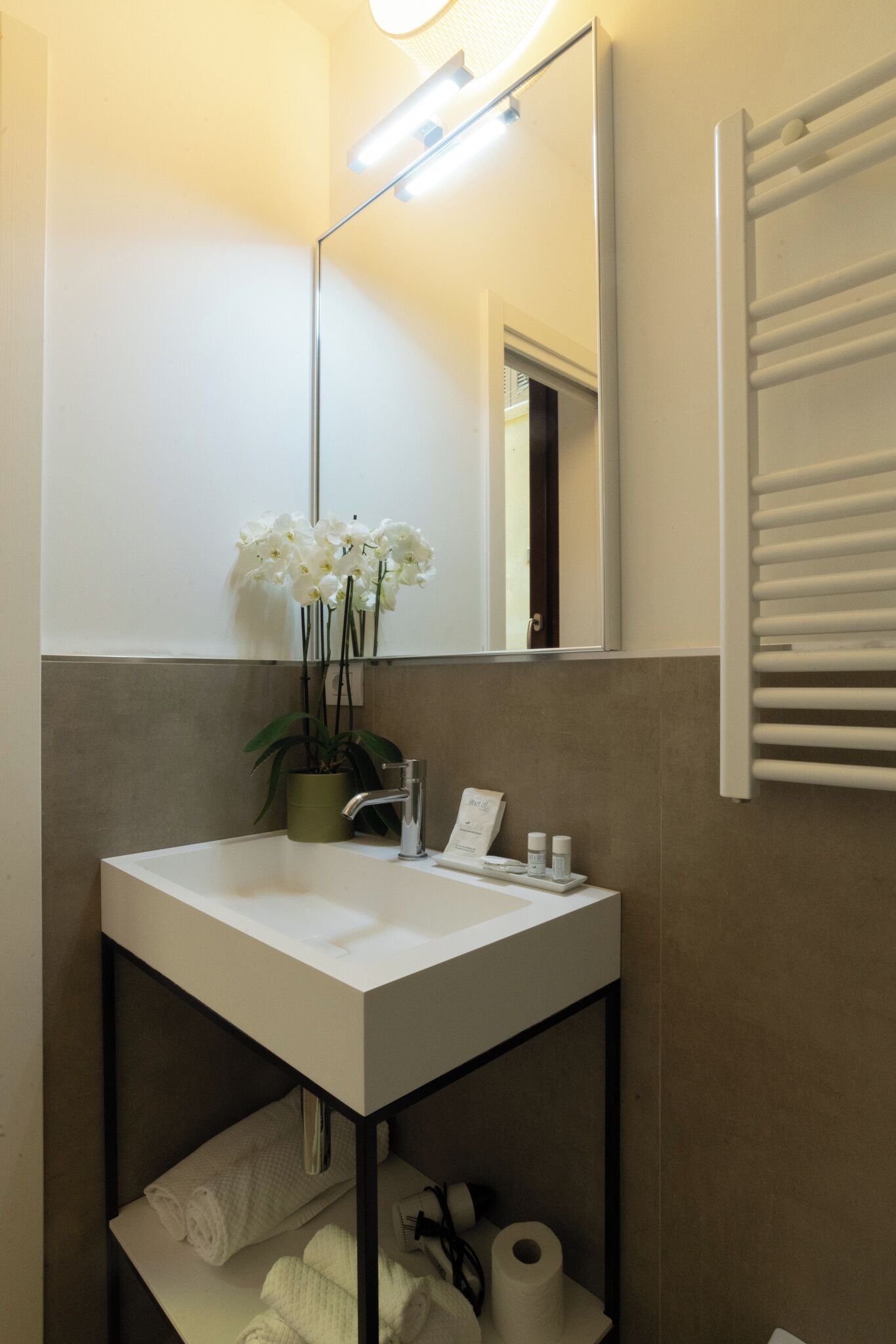 A bathroom with a white sink, a mirror, a towel rack, and a potted orchid.